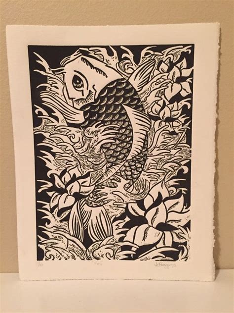 Koi Fish Linocut Print Linocut Prints Prints Linocut