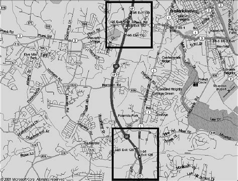 Map of I-95, exits 126 (test) and 130 (control). Scale is ~1 inch = 1 ...