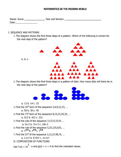 MMW Midterm EXAM MATHEMATICS IN THE MODERN WORLD Name Score