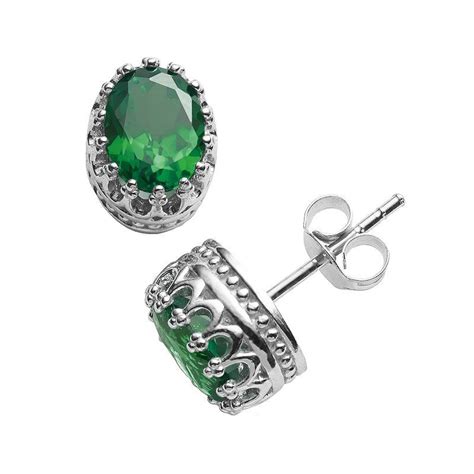 Tiara Sterling Silver Lab Created Emerald Oval Crown Stud Earrings