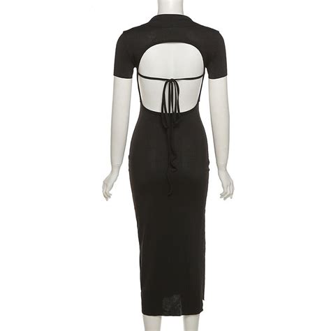 Short Sleeve Collar Back Hollow Midi Dress Free From Label