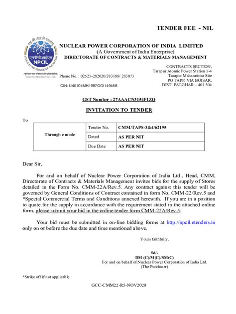 Fillable Online Npcil Etenders Tender Document Section A Invitation To