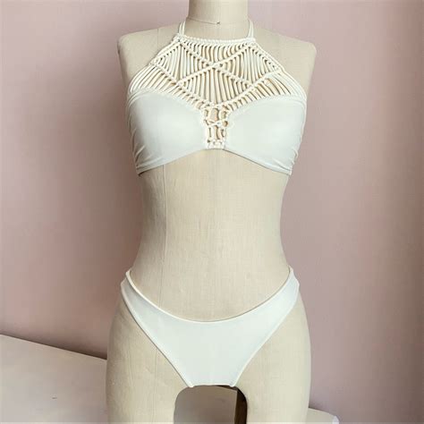 Mikoh Boho White Cream Crochet Bikini Top Bottom Gem