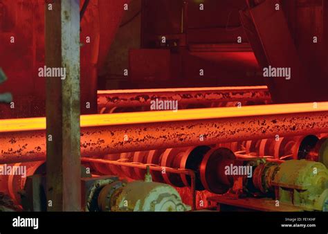 Hot Steel On Conveyor In Steel Mill Stock Photo Alamy