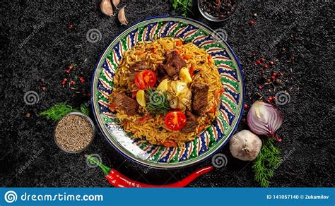 The Concept Of Oriental Cuisine National Uzbek Pilaf With Lamb Meat