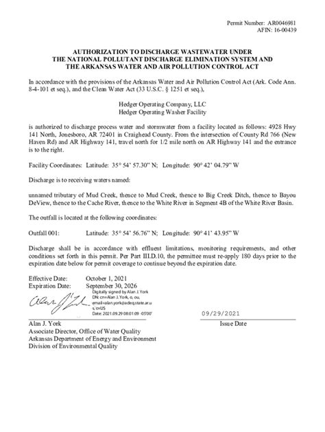 Fillable Online Authorization To Discharge Wastewater Under Adeq Fax