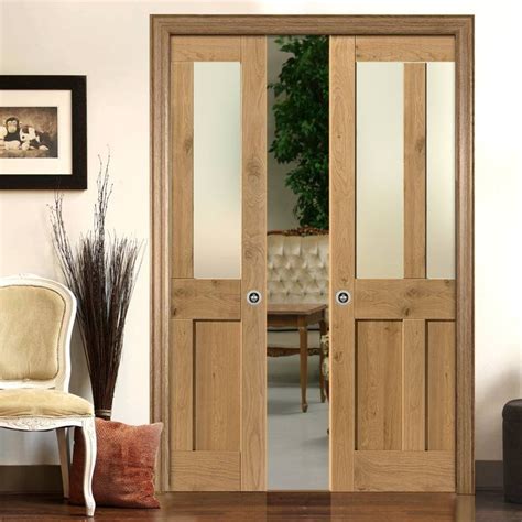 Rustic Oak Shaker 2 Panel 2 Pane Double Evokit Pocket Doors Prefinished Clear Glass Glass