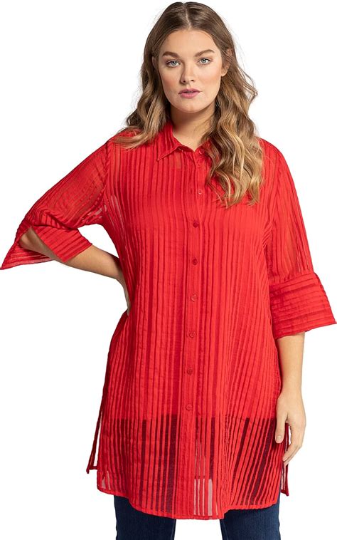 Ulla Popken Womenswear Plus Size Curvy Oversize Burnout Stripe Button Front Tunic Blouse 792655