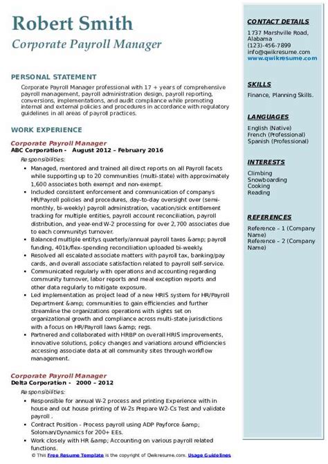 Corporate Payroll Manager Resume Samples Qwikresume