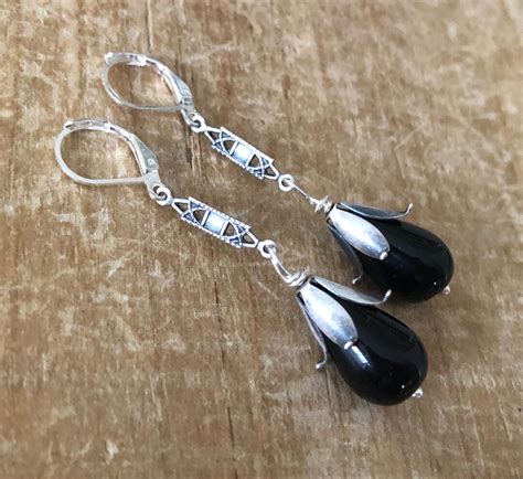 Art Deco Inspired Silver And Black Glass Drop Earrings Onyx Black Silver Earrings Silver And