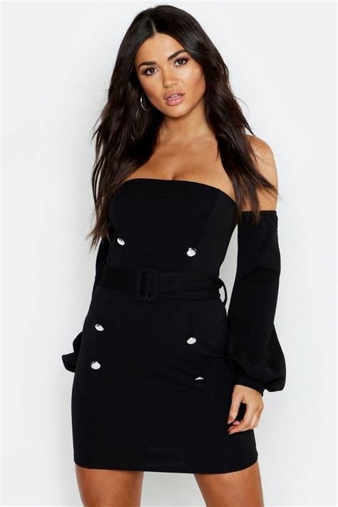 Off The Shoulder Puff Sleeve Bodycon Dress Boohoo