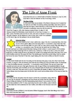 Anne Frank Biography Reading Comprehension Worksheets