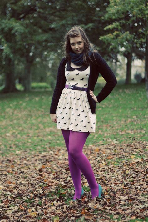 Kicking Leaves In Purple Pantyhose And Blue Heels Purple Tights