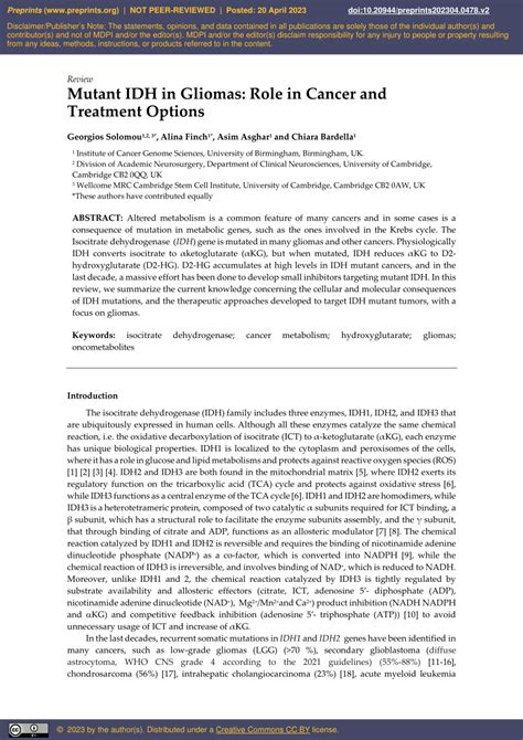 Pdf Mutant Idh In Gliomas Role In Cancer And Treatment Options