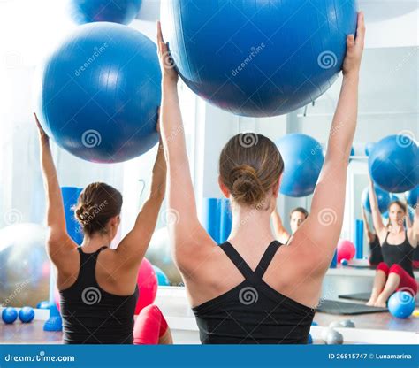 Stability Ball In Women Pilates Class Rear View Stock Image Image Of