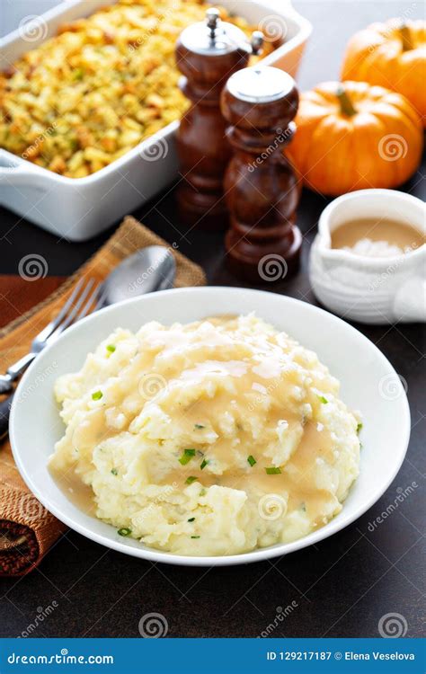 Mashed Potatoes With Gravy For Thanksgiving Stock Image Image Of