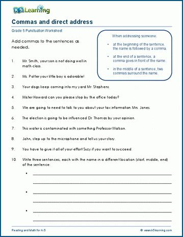 Commas In Dates And Addresses Worksheets