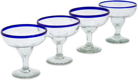 Hand Blown Clear Blue Rim Recycled Glass Margarita Glasses 8 Oz ”happy Hour” Set Of 4