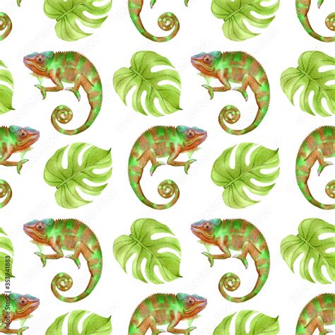 Seamless Patern With Green Tropical Leaves And Chameleons Watercolor