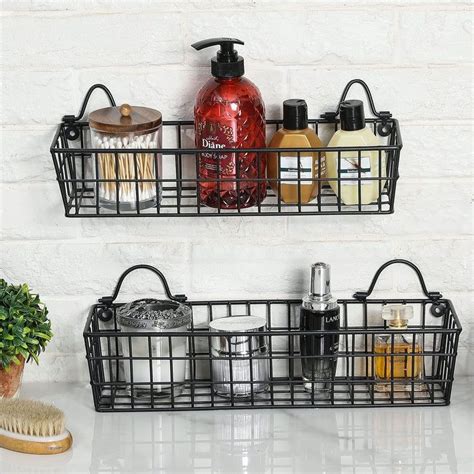 Wall Mounted Openwork Black Storage Baskets Metal Mesh Display Racks Set Of 2 Baskets On