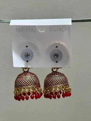 Round Red Beaded Oxidized German Silver Jhumka Earrings Size 3 6Inch