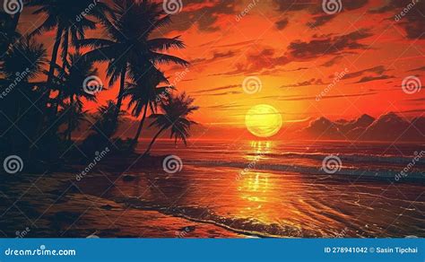 Painting Of Beautiful Colorful Sunset On Tropical Ocean Beach With