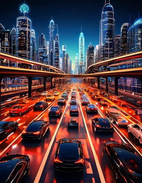 Futuristic City Traffic At Night With Glowing Lights And Skyscrapers