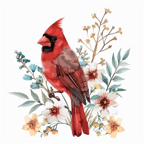 Cardinal Floral Handdrawn Watercolor Illustration Premium Ai