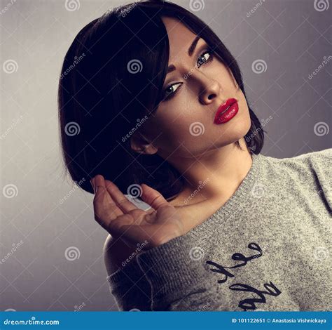 Beautiful Makeup Woman With Short Hair Style Red Lipstick Stock Image