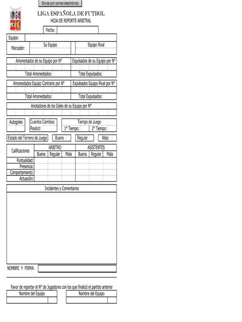 Fillable Online Hoja De Reporte Arbitral Liga Espa Ola De Futbol De