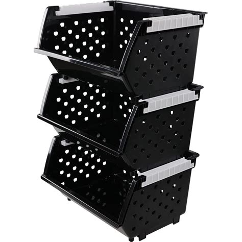 3-Pack Plastic Stacking Storage Basket, Stackable Bin Organizer, Black ...