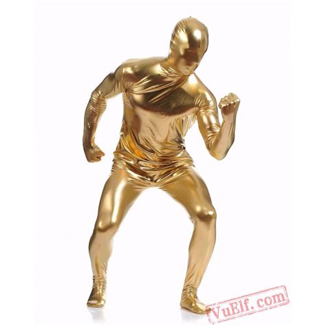 Gold Shiny Metalic Mens Lycra Spandex Bodysuit Zentai Suit