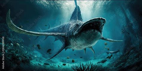 Underwater prehistoric creature or dinosaur swimming underwater ...