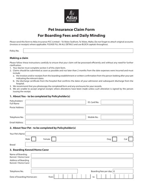 Fillable Online BPet Insurance Claimb Form For Boarding Fees And Daily