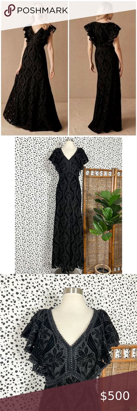 New Bhldn X Monique Lhuillier Hilaire Black Floral Embroidered Gown