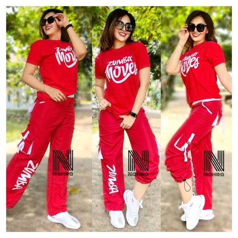 Jual Setelan Baju Senam Mix Atasan Kaos Zumba Moves Merah Cargo Zumba