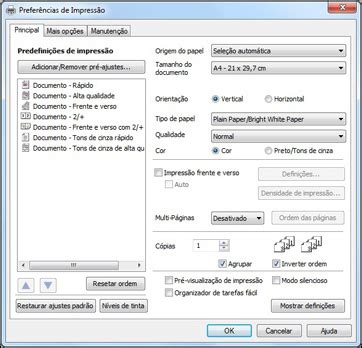 Seleção das configurações básicas de impressão software padrão de