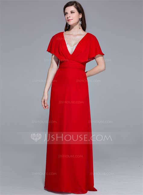 Sheath Column V Neck Floor Length Chiffon Evening Dress With Ruffle