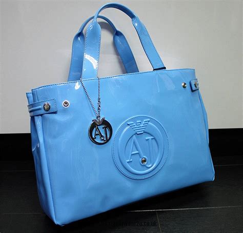 Armani Jeans Light Sky Blue Patent Tote Bag With Large Aj Logo Ladies