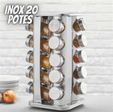 Porta Temperos Condimentos Inox 20 Potes Base Giratório Inox WT