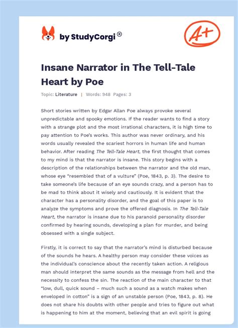 Insane Narrator In The Tell Tale Heart By Poe Free Essay Example