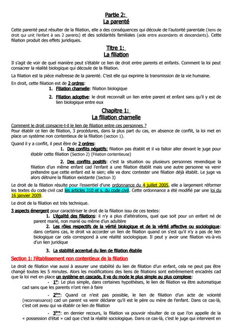 Partie Titre Chapitre La Filiation Charnelle Partie La