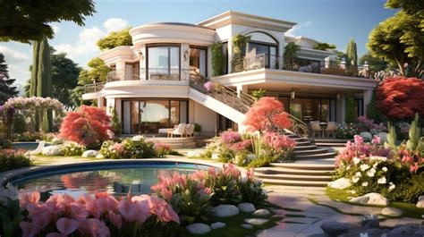 Premium AI Image | A Luxury house with a balcony and infront flower garden