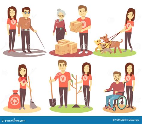 Volunteering And Supporting People Vector Flat Icons With Young