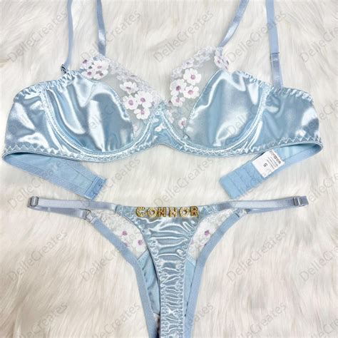 Custom Name Thong Flower Mesh Embroidery Gathered Lingerie Set Custom Thong With Letter