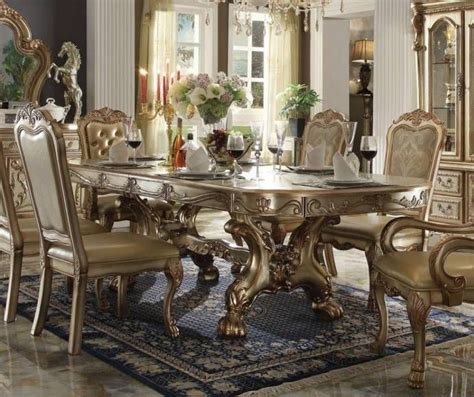 Dresden Gold Patina Extendable Double Pedestal Dining Table Acme Furniture 63150 Buy Online On