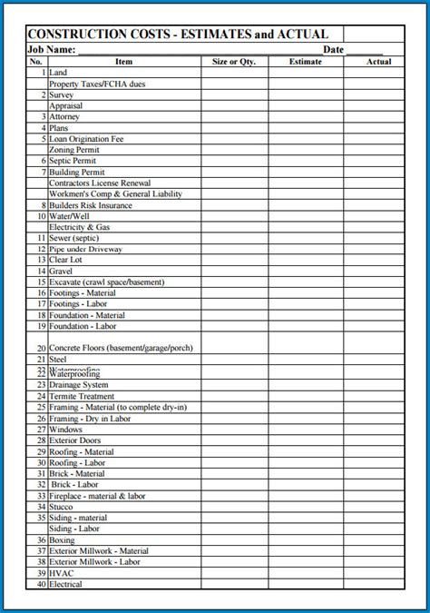 √ Free Printable Construction Cost Estimate Template