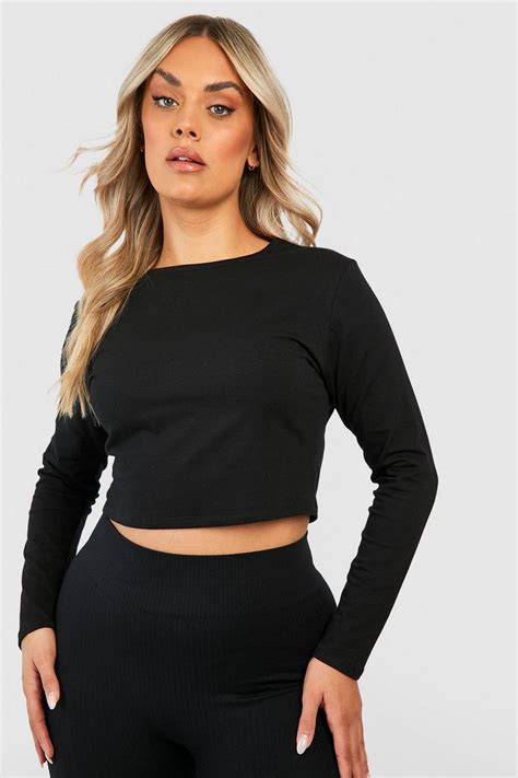 Plus Basic Cotton Long Sleeve Crop Top Boohoo