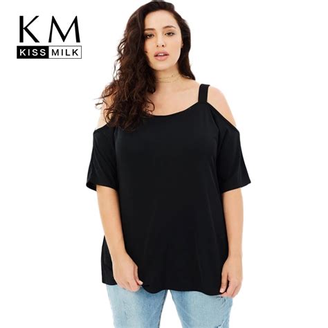 Kissmilk Plus Size Solid Casual Slash Neck Women T Shirt Female Hollow