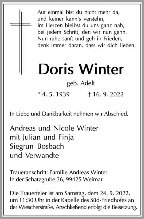 Traueranzeigen Von Doris Winter Trauer In Nrw De